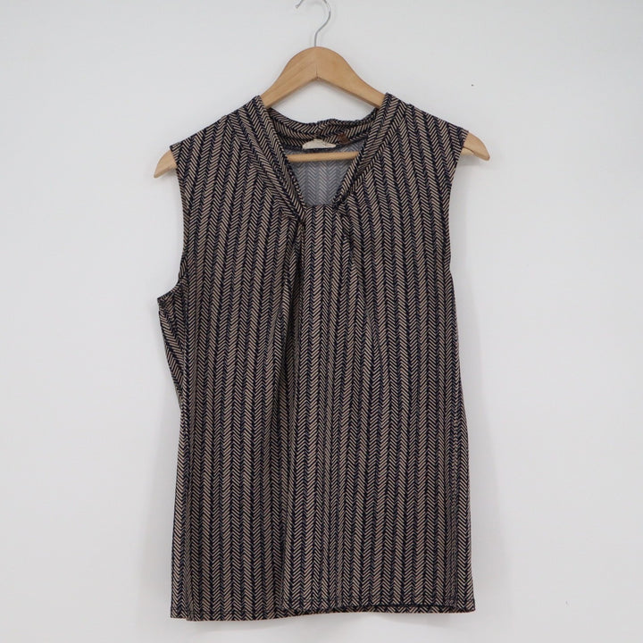 Carol Rose Navy Tan Chevron Print Sleeveless Mock Neck Drape Front Blouse Large