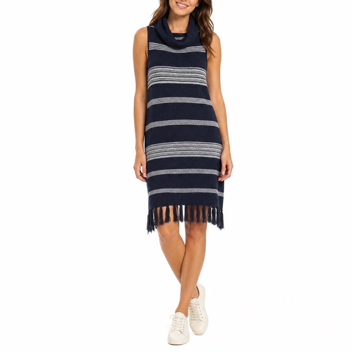 BB Dakota Navy Blue White Striped Cowl Neck Fringe Hem Sweater Dress M