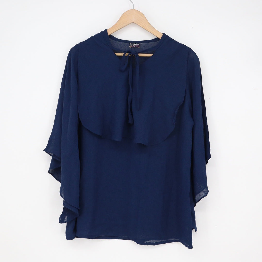 Fantabulous Navy Blue Tie Neck Cape Overlay Chiffon Blouse XL Butterfly Sleeve