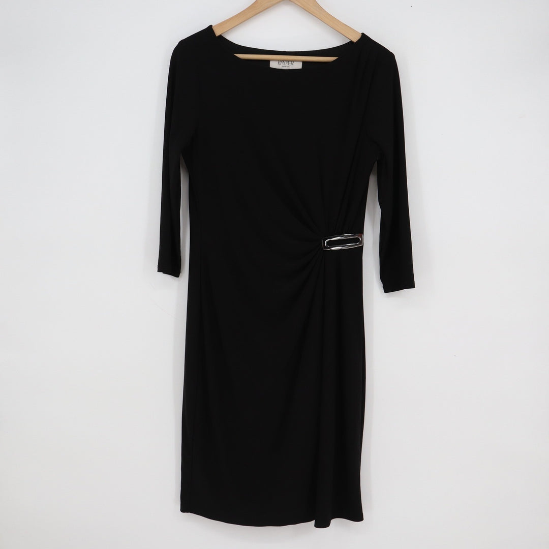 Kasper Dress Women's 8 Black Sheath 3/4 Sleeve Silver Buckle Ruched Side