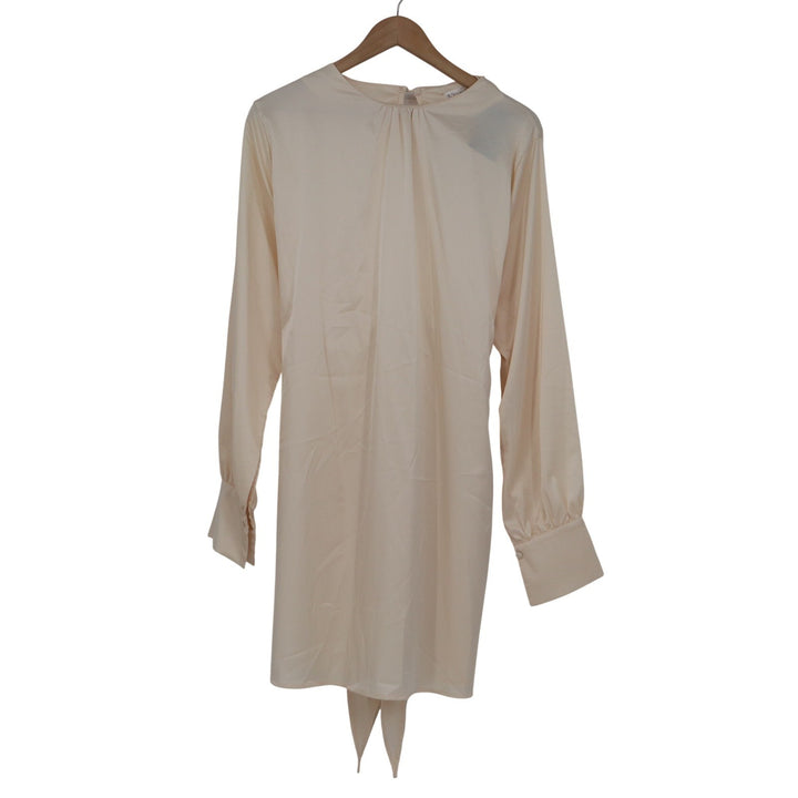 R.Vivimos Champagne Cream Silky Backless Tie Mini Dress Long Sleeve Size L