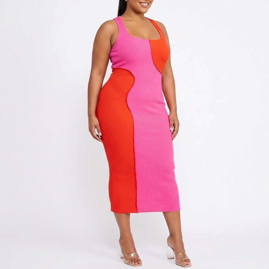 Naked Wardrobe Pink Red Color Block Ribbed Bodycon Midi Dress Large