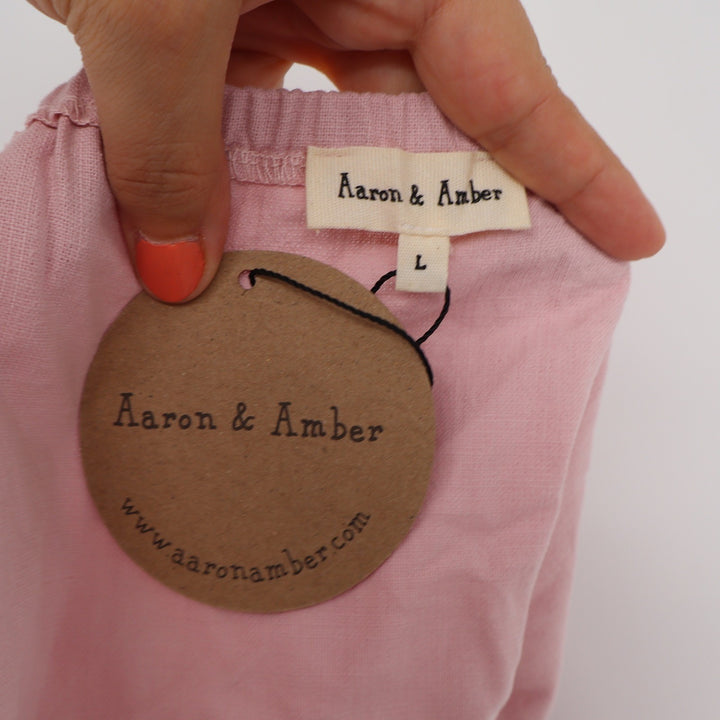 Aaron & Amber Pink Cotton Linen Puff Sleeve Lace Up Back Blouse Top Large