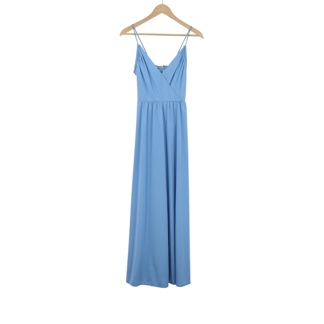 Sky Blue V Neck Spaghetti Strap Maxi Dress Formal Evening Gown