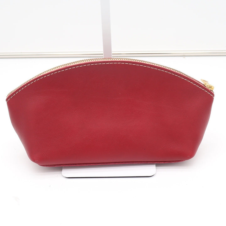 Red Leather Dome Cosmetic Makeup Bag Travel Pouch Gold Zipper Contrast Stitch