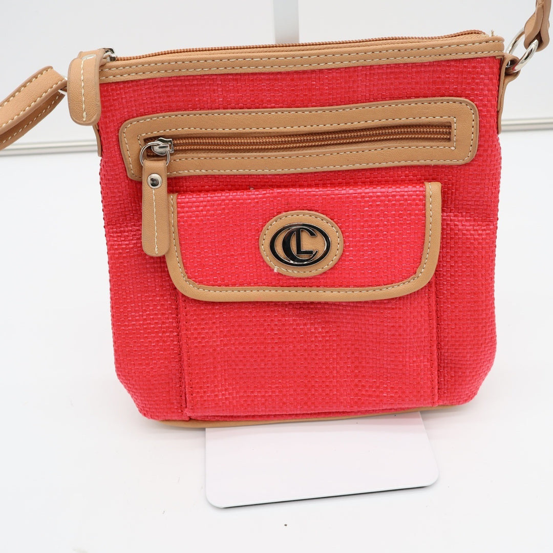 Liz Claiborne Crossbody Bag Womens Small Woven Red Tan Trim Casual Excellent