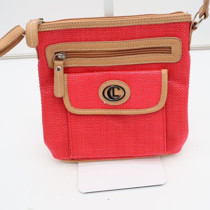Liz Claiborne Crossbody Bag Womens Small Woven Red Tan Trim Casual Excellent