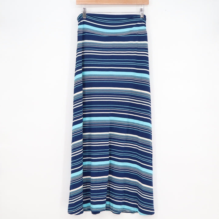 Merona Womens Blue Striped Maxi Skirt Fold Over Waist Nautical Beachy Jersey S