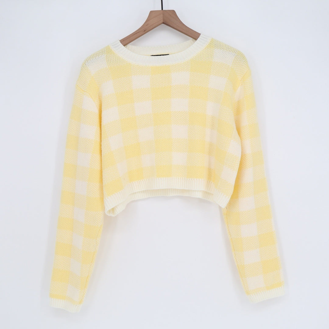 Paper Moon Yellow Gingham Cropped Sweater Womens Large Checkered Knit