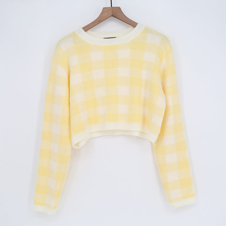 Paper Moon Yellow Gingham Cropped Sweater Womens Large Checkered Knit