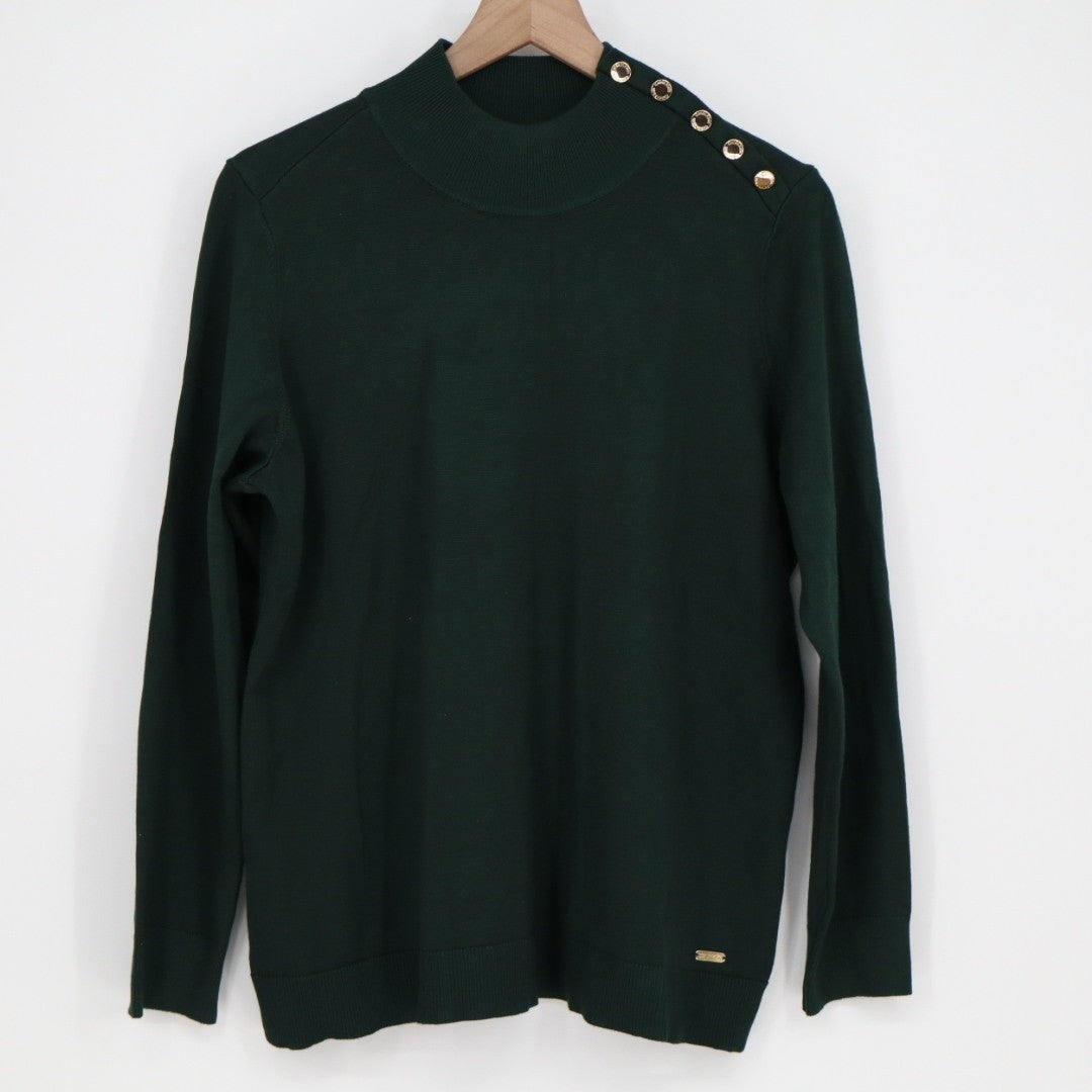 Calvin Klein Sweater Womens Large Green Mock Neck Shoulder Button Long Sleeve