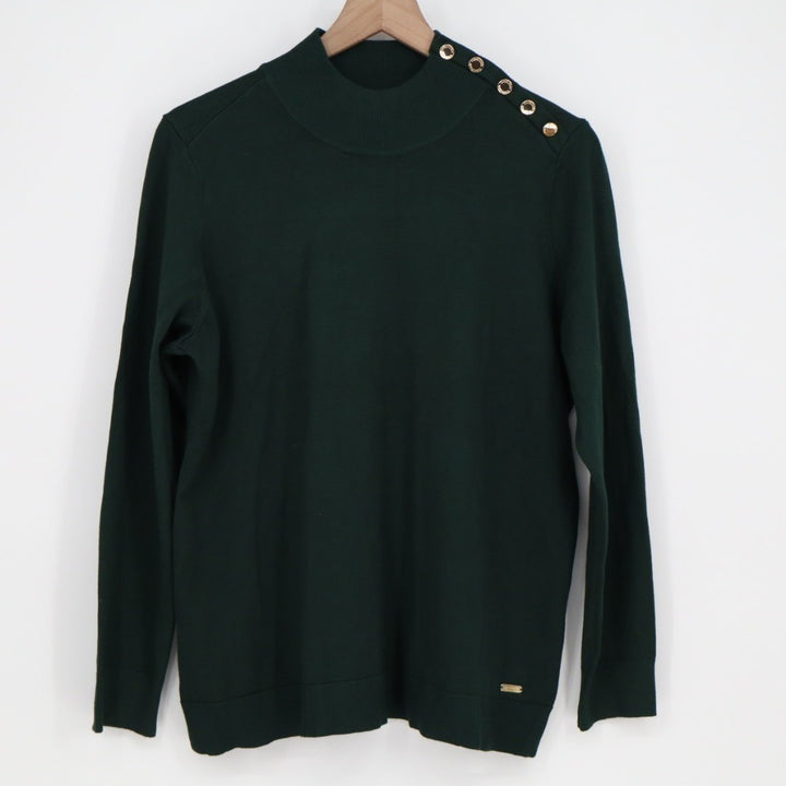 Calvin Klein Sweater Womens Large Green Mock Neck Shoulder Button Long Sleeve