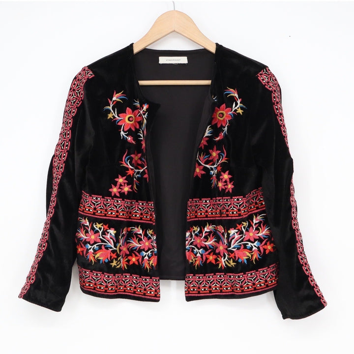 Atmosphere Black Velvet Embroidered Floral Open Front Jacket Blazer Size 6