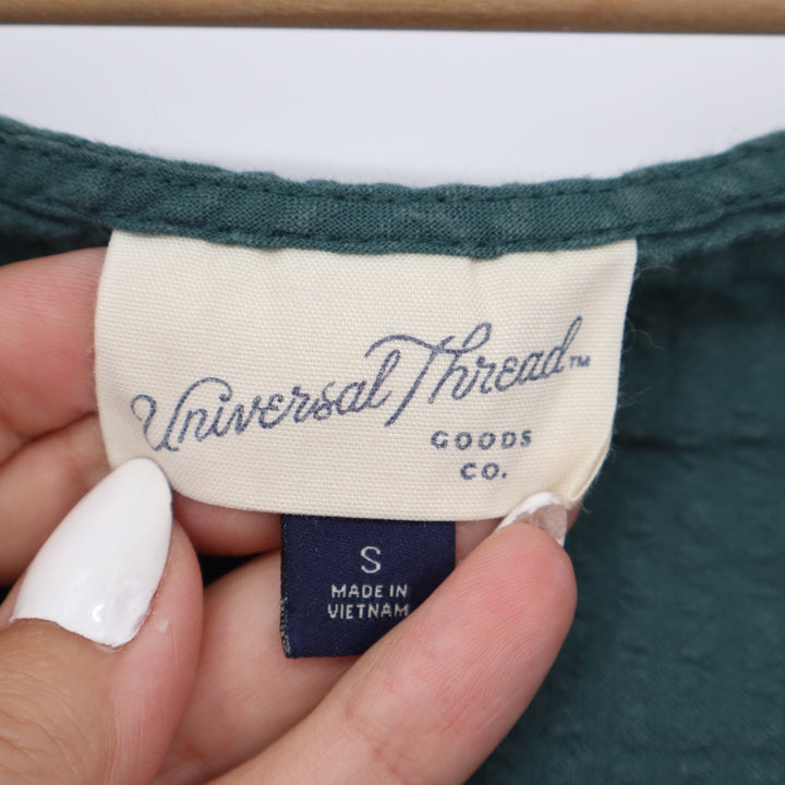 Universal Thread Womens Dark Green Dobby Cotton Puff Sleeve Button Top Small
