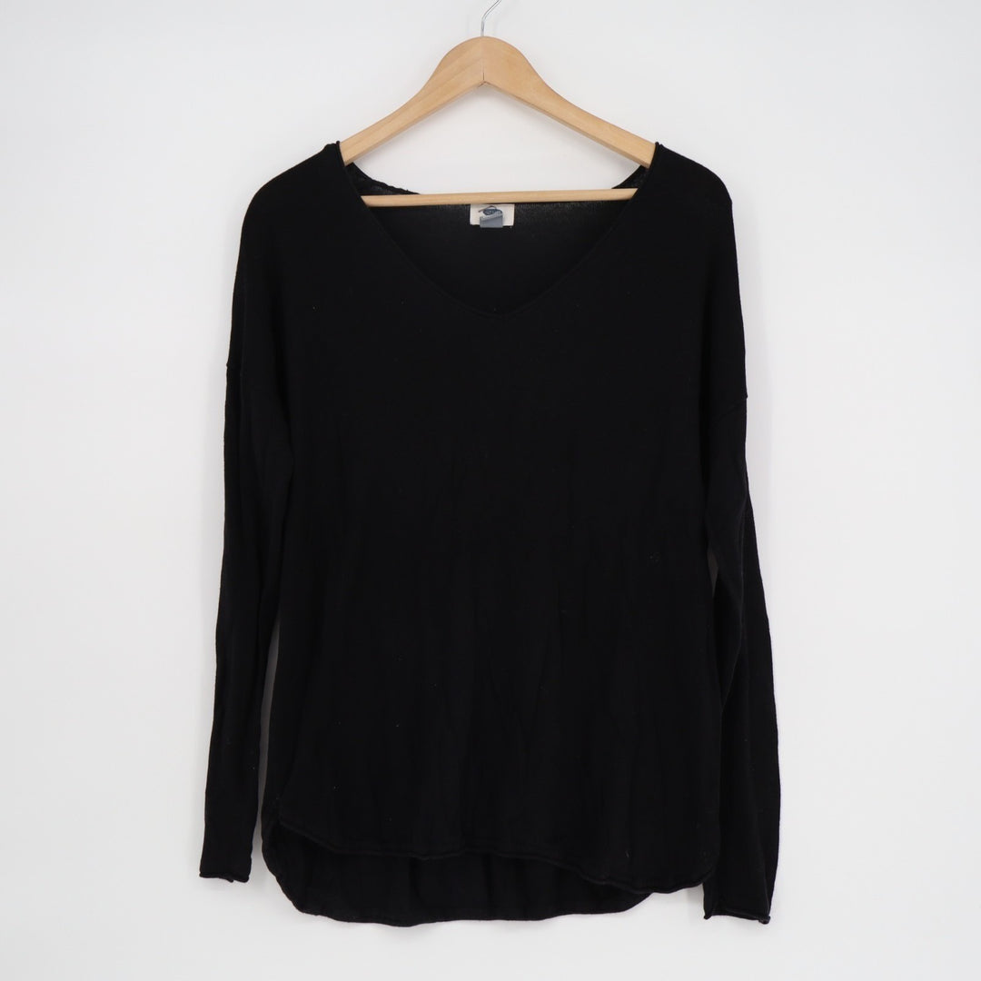 Old Navy T-Shirt Womens Medium Black Cotton Knit Long Sleeve V-Neck Pullover