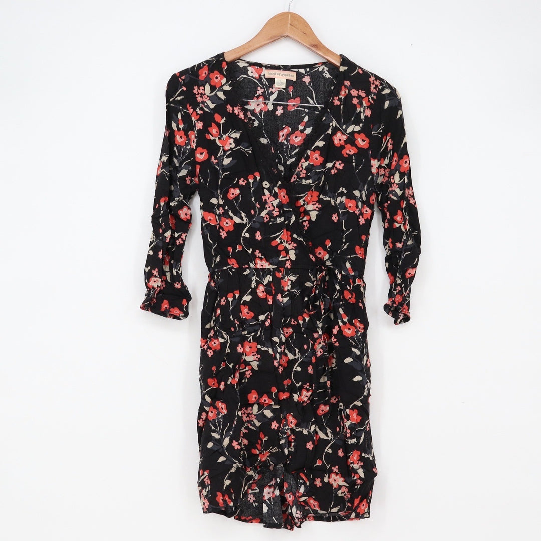 Band of Gypsies Dress Womens S Mini Wrap Black Floral 3/4 Sleeve Excellent