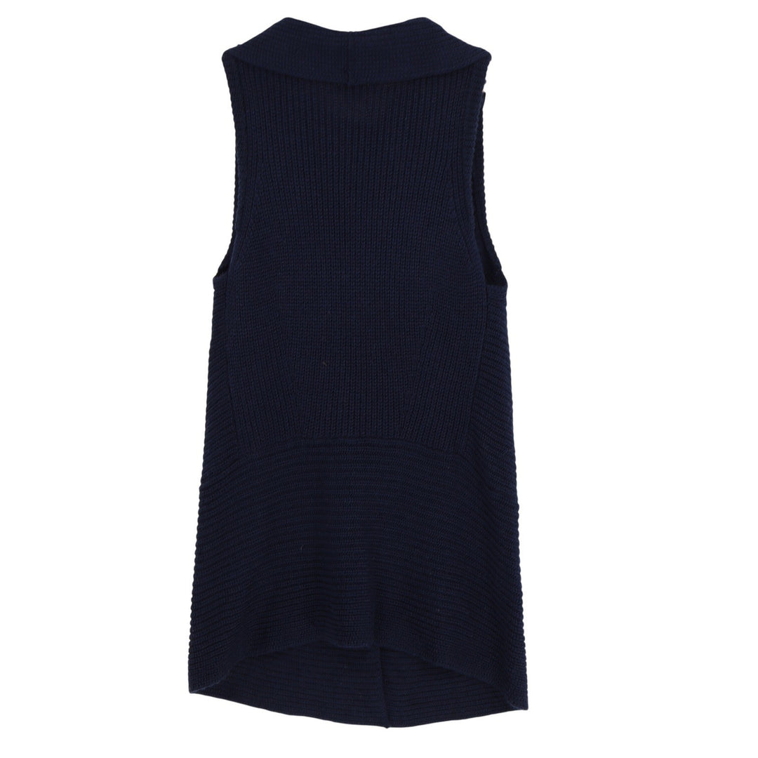 Chicos Navy Blue Ribbed Knit Wool Blend Shawl Collar Longline Cardigan Vest 1 M