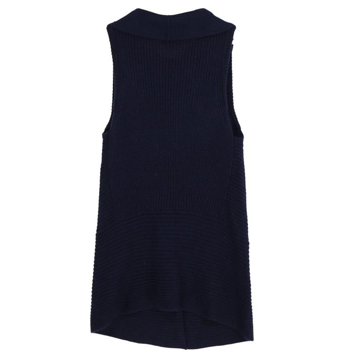 Chicos Navy Blue Ribbed Knit Wool Blend Shawl Collar Longline Cardigan Vest 1 M