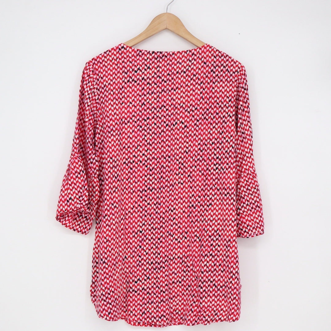 9 to 5 Attire Red Geometric Chevron Bell Sleeve Tunic Top Large Notch Neck