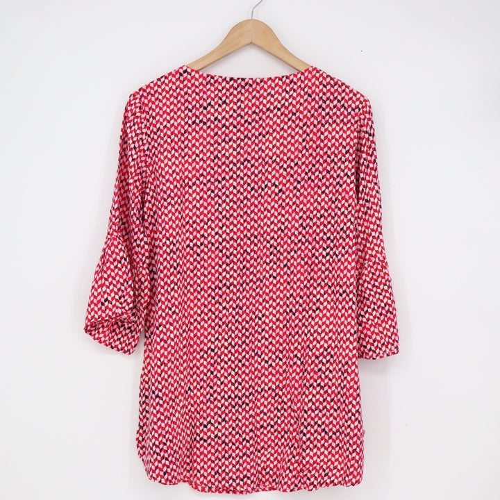 9 to 5 Attire Red Geometric Chevron Bell Sleeve Tunic Top Large Notch Neck