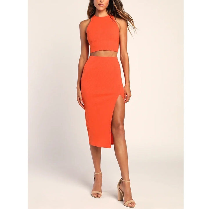 Lulus Absolute Edge Two Piece Bodycon Midi Dress Womens Small Orange Sleeveless
