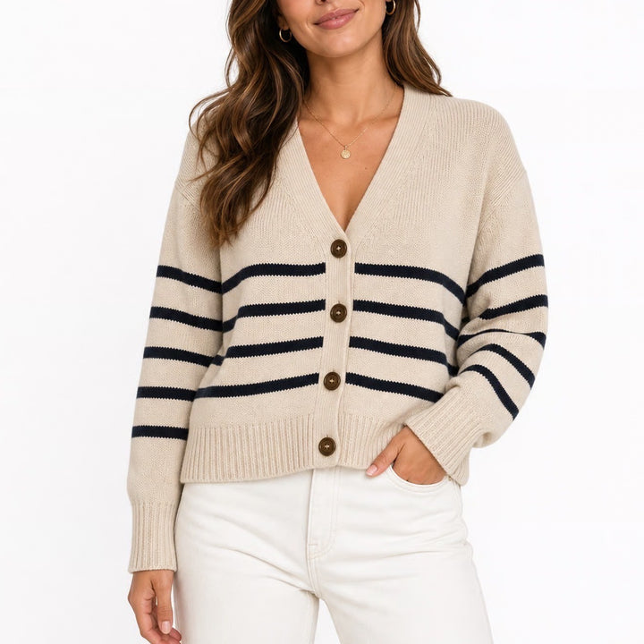 Nautica Jeans Womens Beige Navy Blue Striped V-Neck Cardigan Sweater Size S P