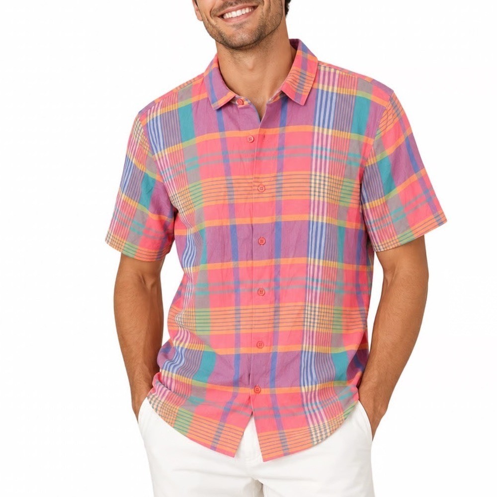 Walter Hagen Clubhouse Mens Small Madras Multi Plaid Cotton Short Sleeve Shirt