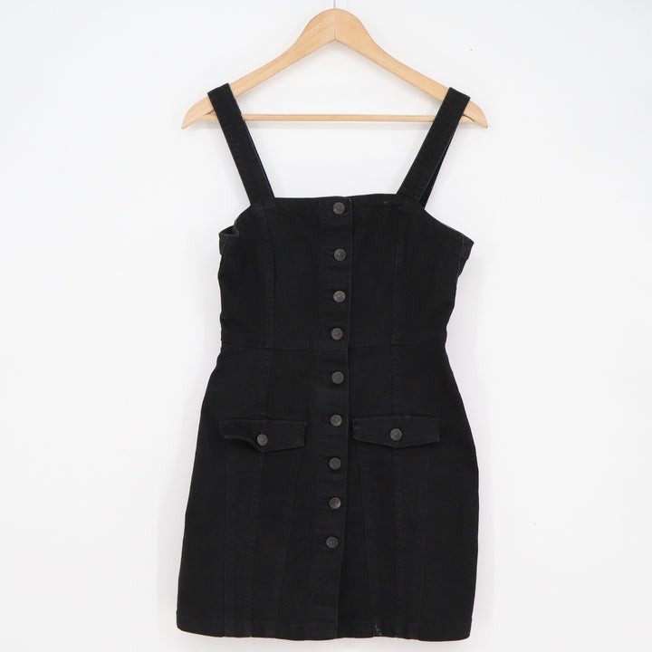 H&M Divided Black Denim Button Front Pinafore Mini Dress Small