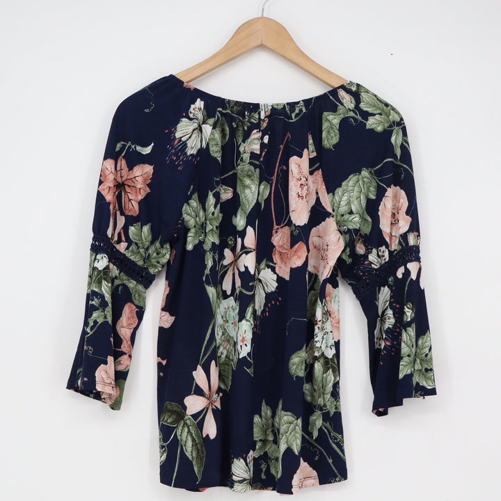 Navy Floral Off the Shoulder Bell Sleeve Boho Blouse with Crochet Lace Trim M