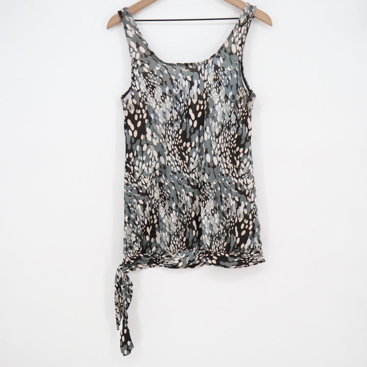 Abstract Pebble Print Scoop Neck Sleeveless Tank Top with Side Tie Black Grey