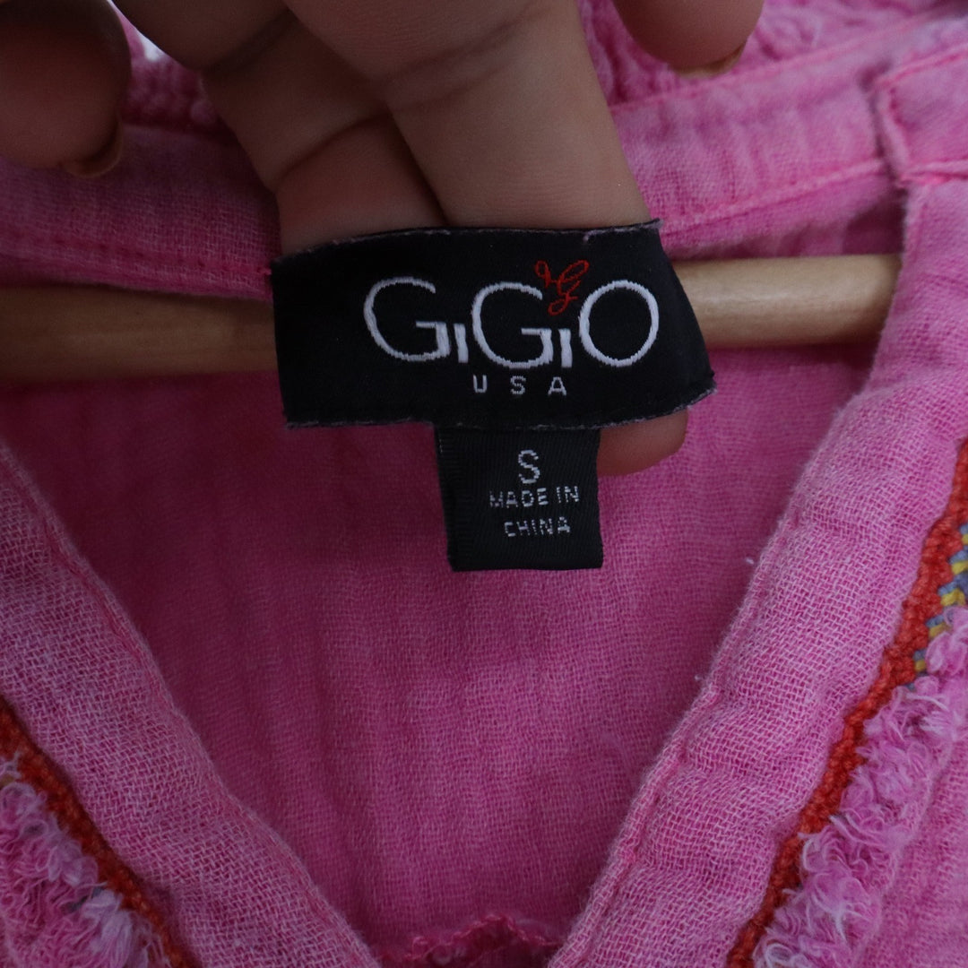 GIGIO USA Pink Cotton Gauze Tiered Tunic Top Short Sleeve Boho Small