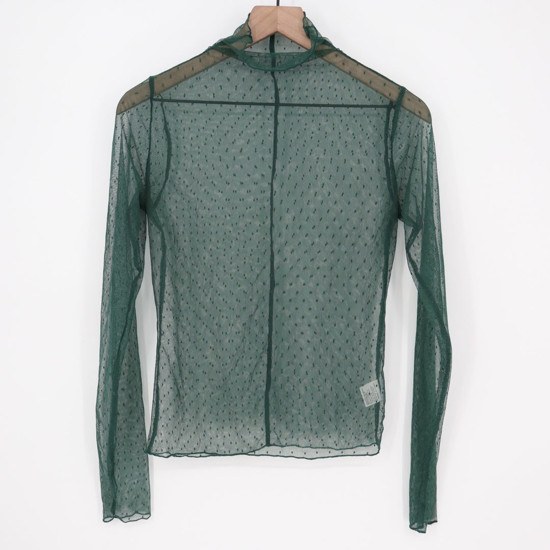 T-Shirt Womens Large Green Mesh Sheer Stretch Long Sleeve Mock Neck Pullover
