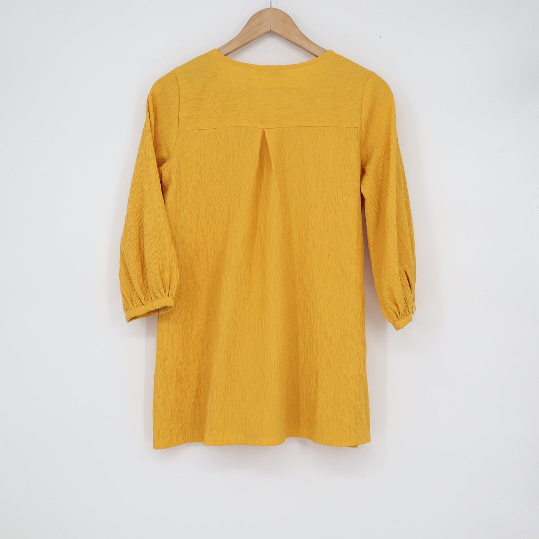 Global Desi Mustard Yellow Floral Embroidered Boho Tunic Top Small