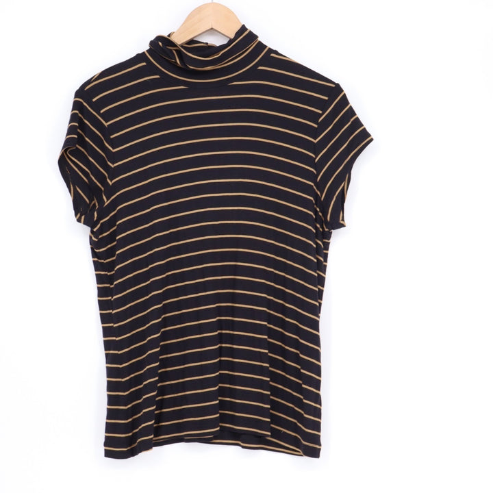 Cabi Slinky Top Women Medium Black Striped Rayon Stretch Short Sleeve Turtleneck