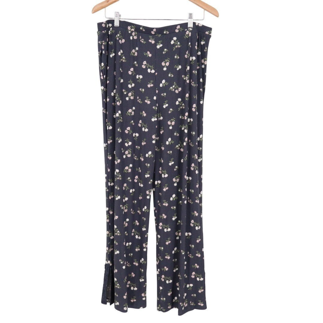 Women Pajama Pants XL Navy Blue Ditsy Floral Stretch Ribbed Lace Trim Ankle Slit