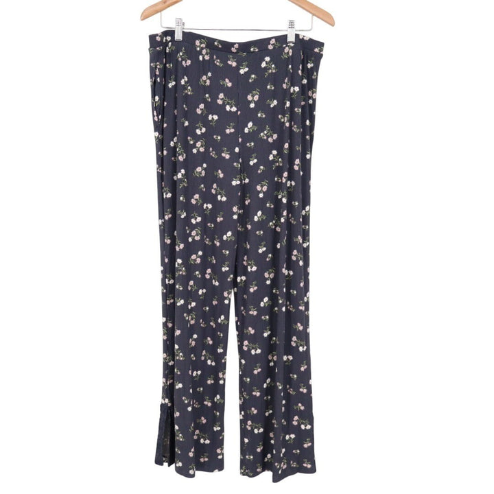 Women Pajama Pants XL Navy Blue Ditsy Floral Stretch Ribbed Lace Trim Ankle Slit