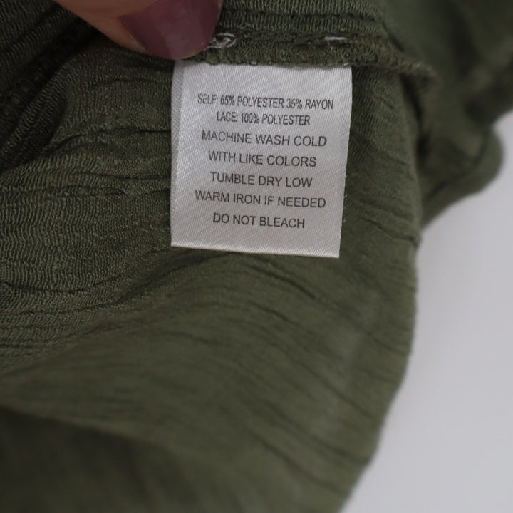 Olive Green Crochet Lace Yoke Sleeveless Boho Tank Top XXL Crinkle Texture