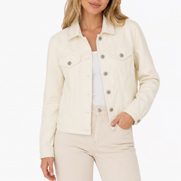 Trucker Jacket Women Medium White Denim Cotton Stretch Long Sleeve Spread Collar