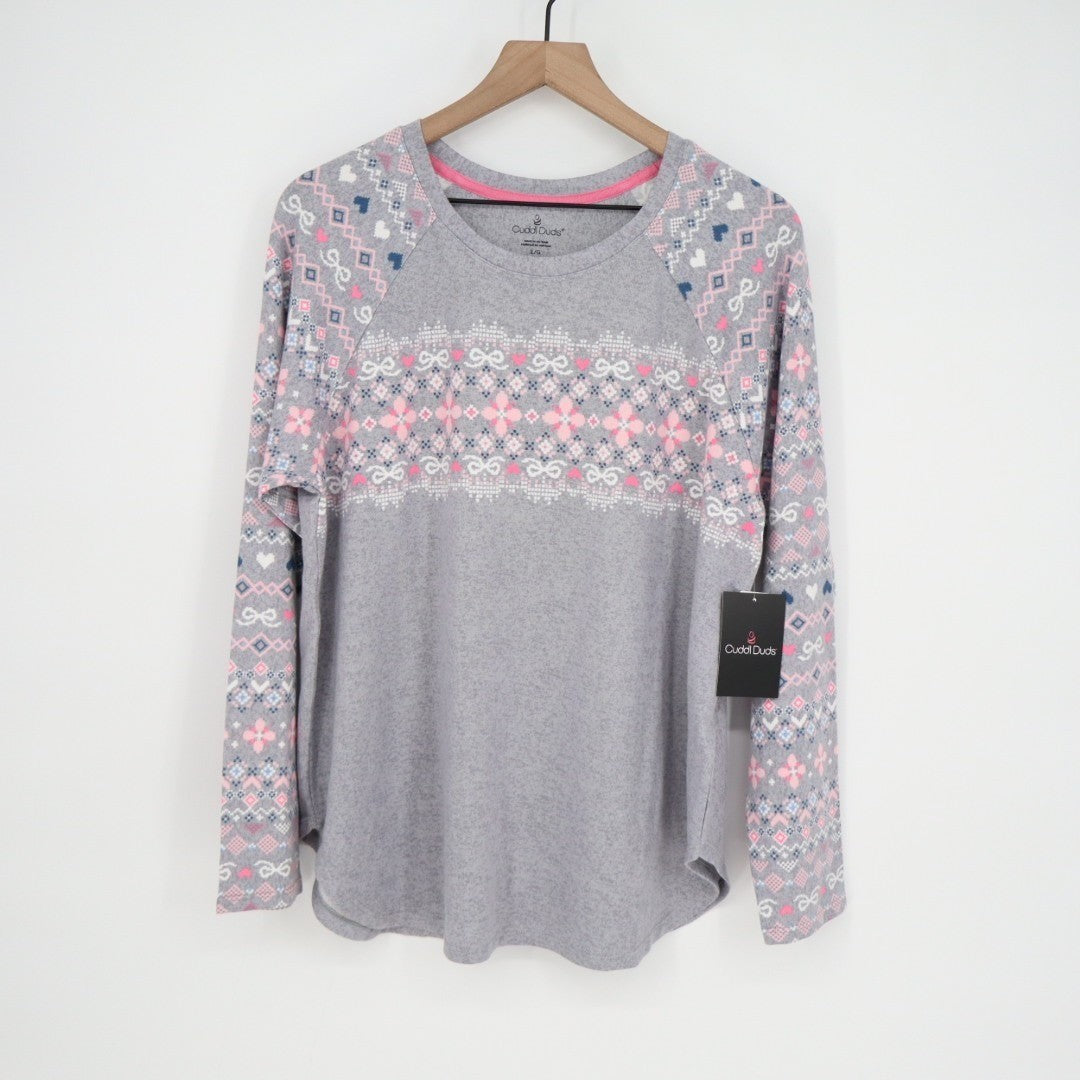 Cuddl Duds Pajama Top Womens Large Gray Floral Stretch Long Sleeve Crew Neck