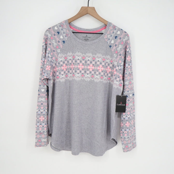 Cuddl Duds Pajama Top Womens Large Gray Floral Stretch Long Sleeve Crew Neck