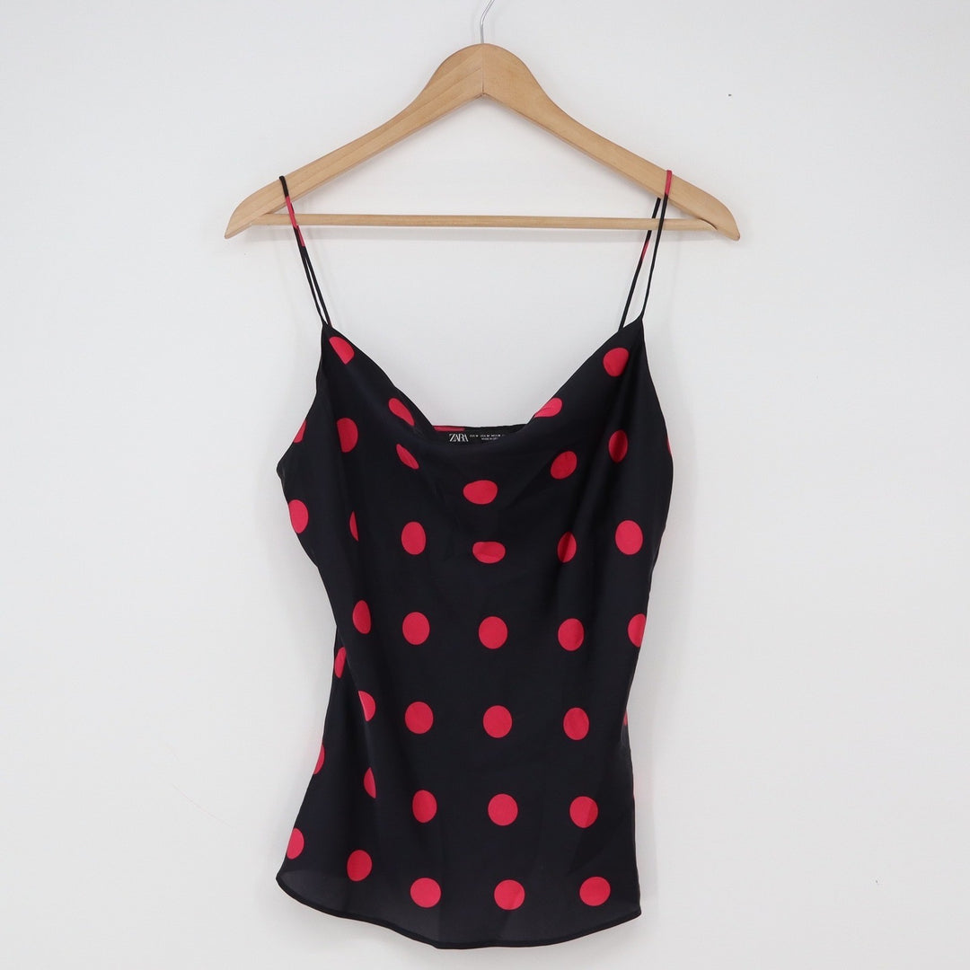 Zara Camisole Womens M Cowl Neck Black Red Polka Dot Spaghetti Strap Excellent