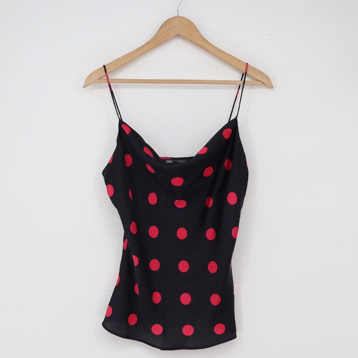 Zara Camisole Womens M Cowl Neck Black Red Polka Dot Spaghetti Strap Excellent