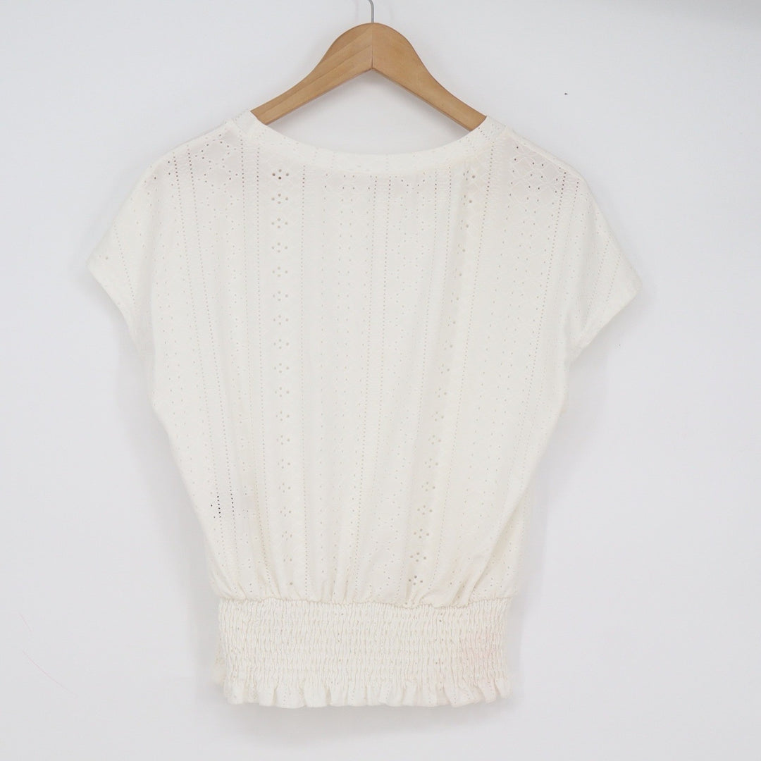 SHEIN White Eyelet Smocked Waist Peplum Blouse Cap Sleeve Top Womens Size M