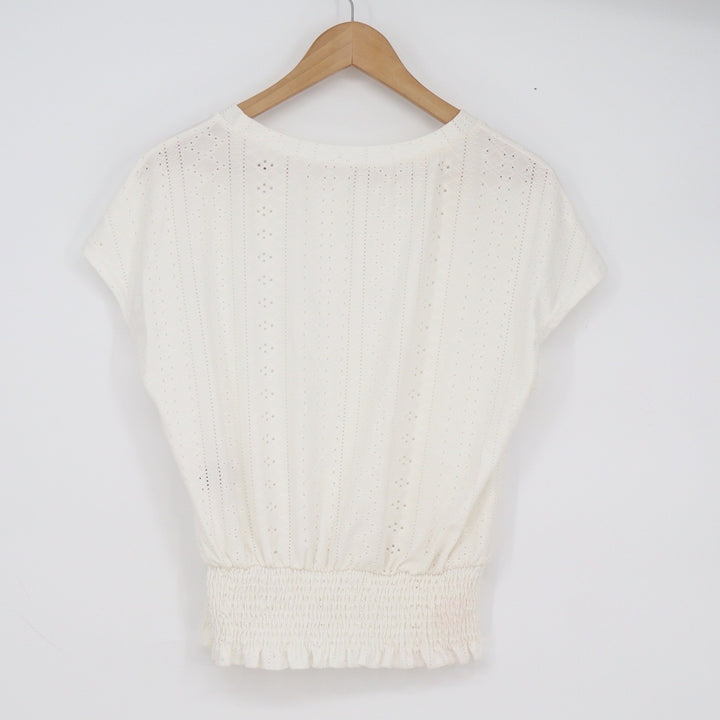 SHEIN White Eyelet Smocked Waist Peplum Blouse Cap Sleeve Top Womens Size M