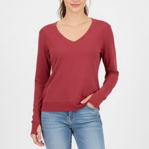 Athleta Sunrise Sweatshirt Womens Small Dusty Rose V-Neck Thumb Holes Sleeve
