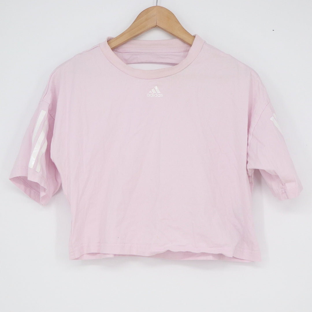 Adidas Womens Pink Open Back Cutout Cropped T-Shirt 3-Stripe Short Sleeve XS