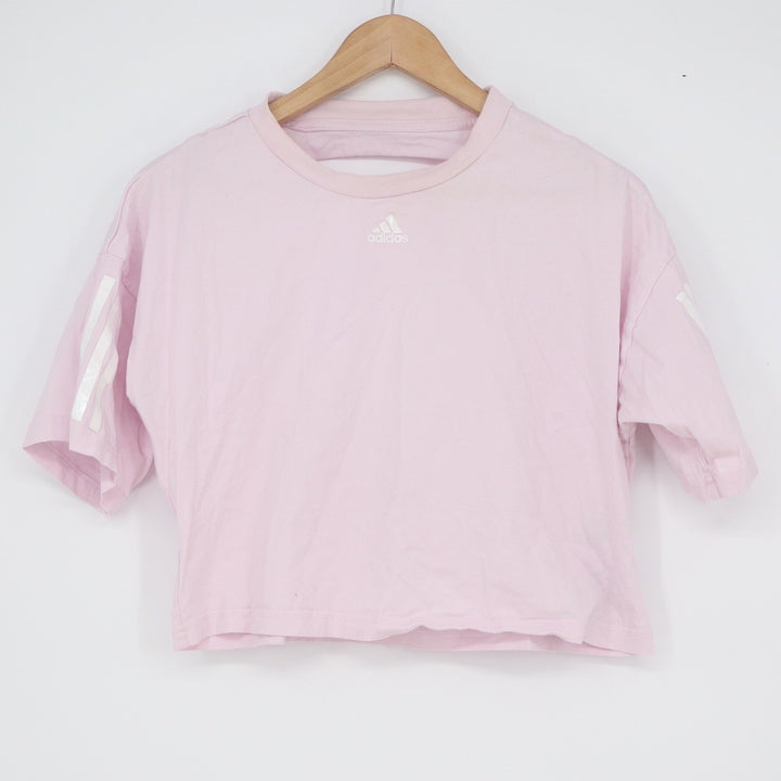 Adidas Womens Pink Open Back Cutout Cropped T-Shirt 3-Stripe Short Sleeve XS