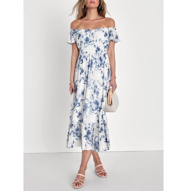 Lulus Delightfully Sweet Midi Dress Womens Small White Floral Off-the-Shoulder