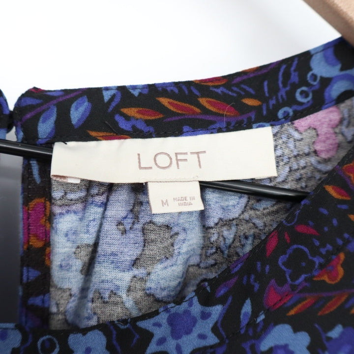 LOFT Blouse Womens Medium Multi Floral Ruffle Smocked Cold Shoulder Long Sleeve