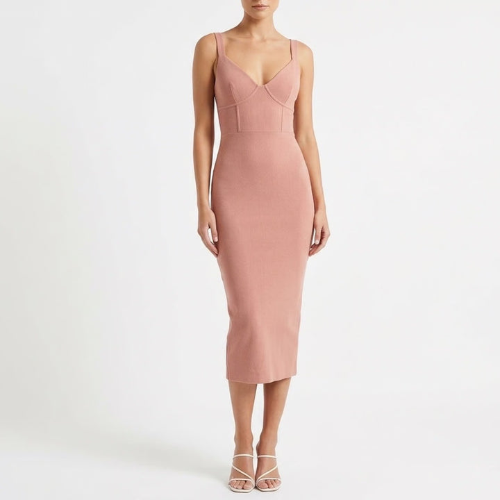 Naked Wardrobe Ribbed Corset Midi Dress Terracotta Mauve Womens L